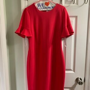 Calvin Klein Red Midi Dress with Ruffle Sleeves